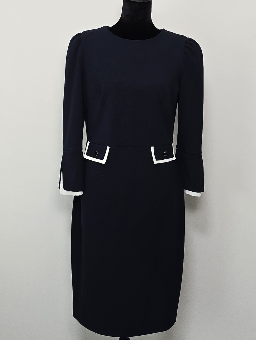 DKNY Black Long-Sleeve Sheath Dress with White Trim